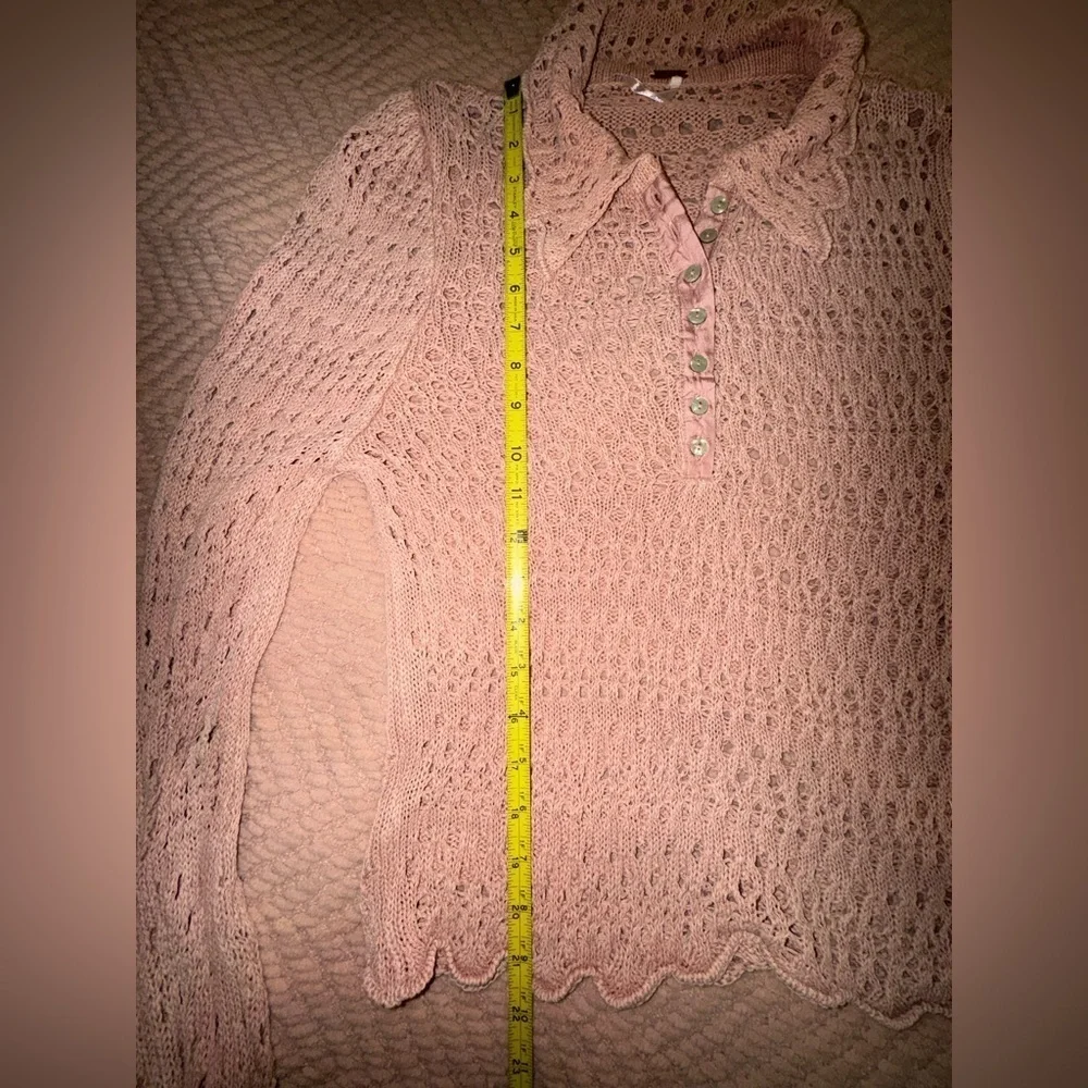 Free People Pointelle Knit Collared Sweater, Mauve Rose, Size M